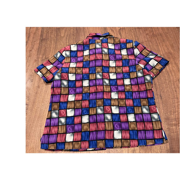 ERENA Vintage Blouse Sz Large Purple Fuchsia Pink Geometric Patchwork Look Shirt - Picture 2 of 7